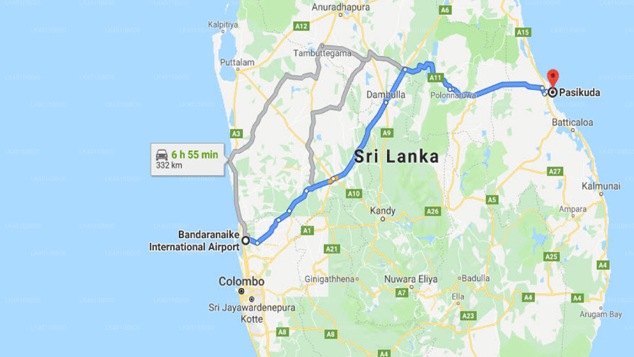 Colombo Airport (CMB) to Pasikuda City Private Transfer