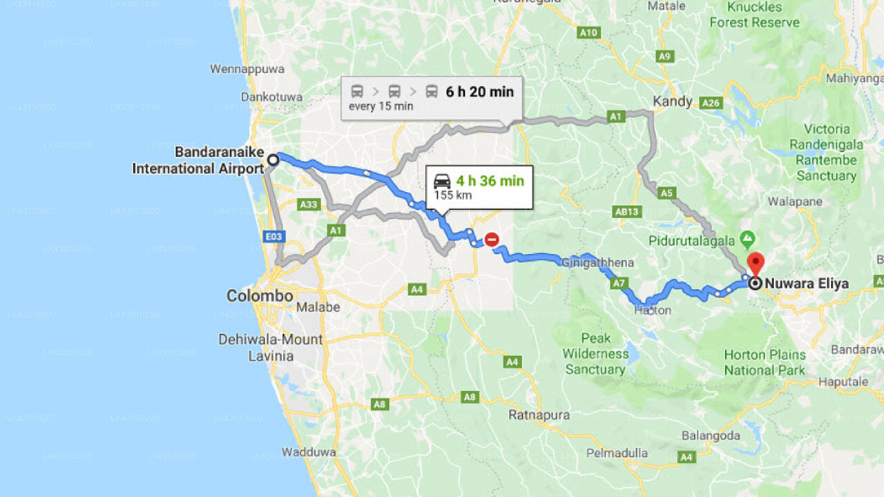 Transfer between Colombo Airport (CMB) and Galway Forest Lodge, Nuwara Eliya