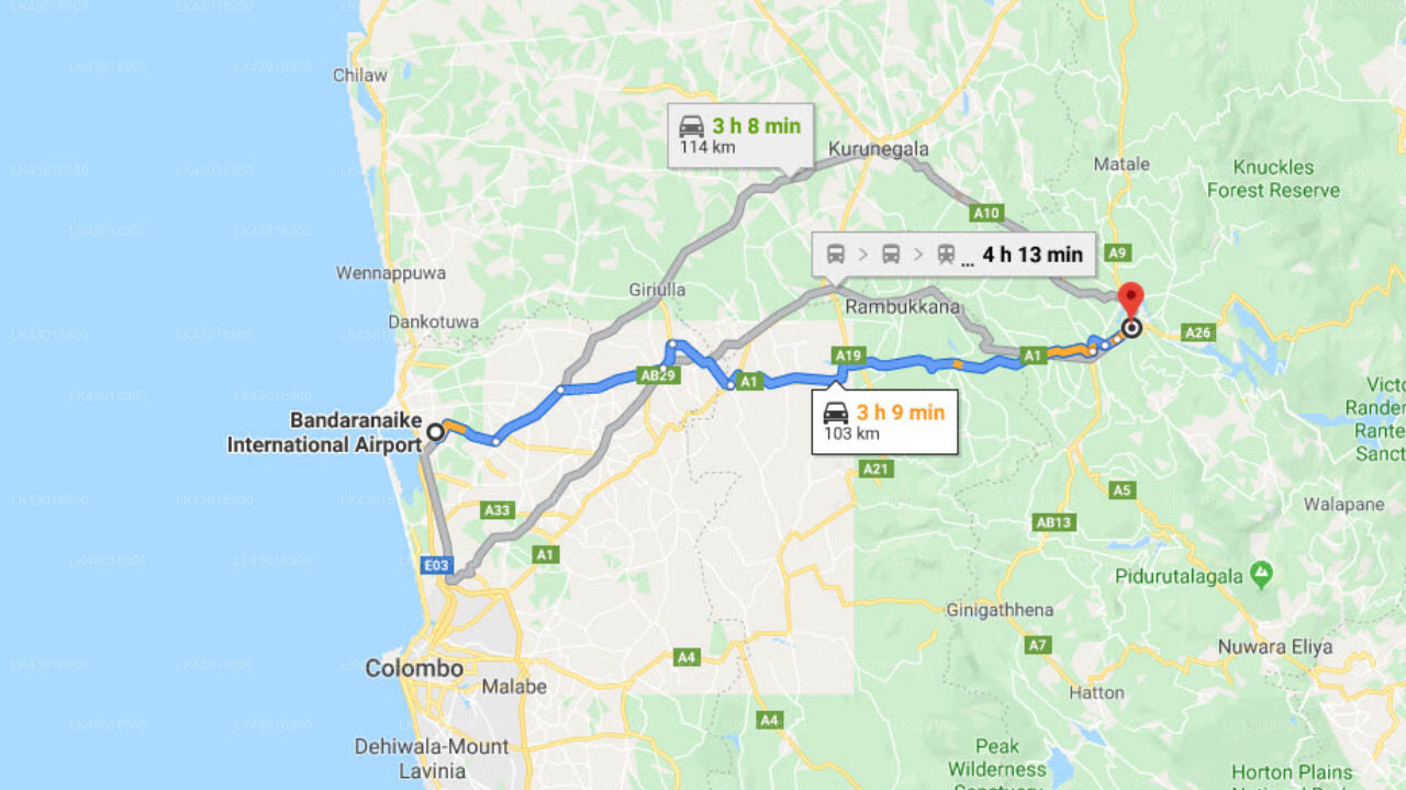 Transfer between Colombo (CMB) Airport and Queens Hotel, Kandy