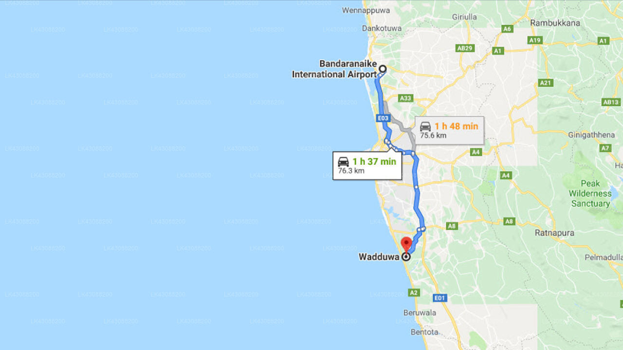 Transfer between Colombo Airport (CMB) and Wadduwa Beach House, Wadduwa