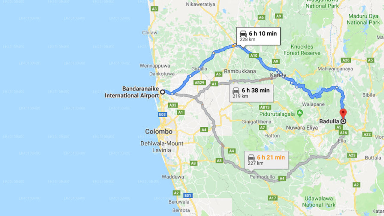 Transfer between Colombo Airport (CMB) and Dunhinda Falls Inn, Badulla