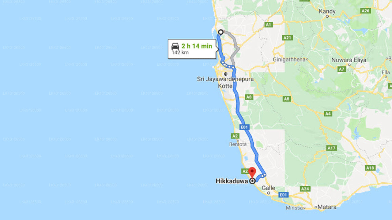 Transfer between Colombo Airport (CMB) and Senara Beach Villa, Hikkaduwa