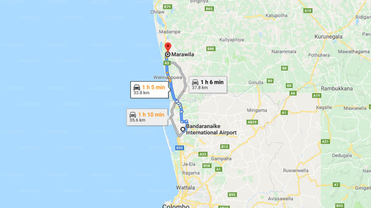 Transfer between Colombo Airport (CMB) and Hotel Villa Viana, Marawila