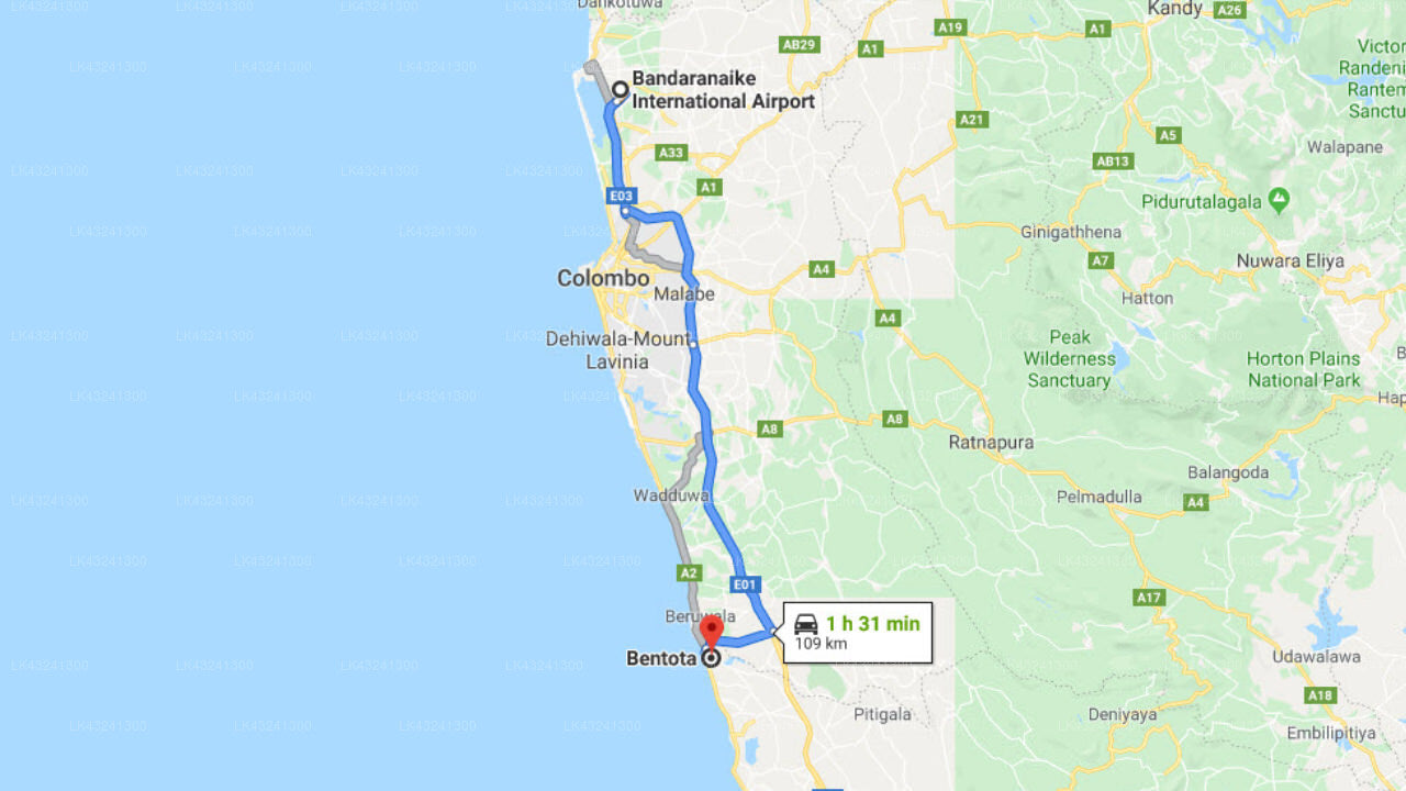 Transfer between Colombo Airport (CMB) and Bentota River Edge, Bentota