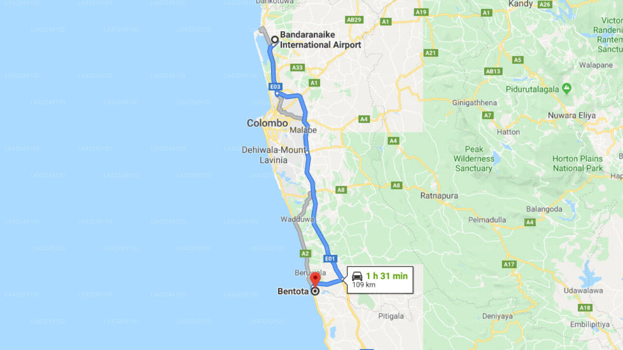 Transfer between Colombo Airport (CMB) and Wasana Beach Hotel, Bentota