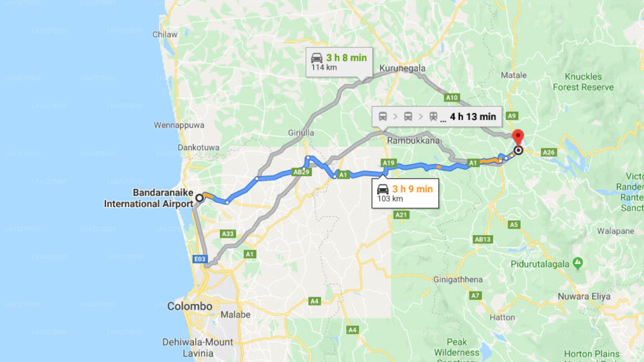 Transfer between Colombo Airport (CMB) and Cloud Nine, Kandy
